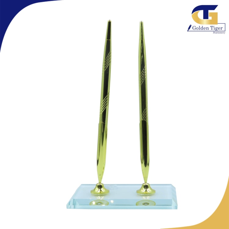 Office Table Ballpen glass base with metal Chain (Gold/2pcs pen)